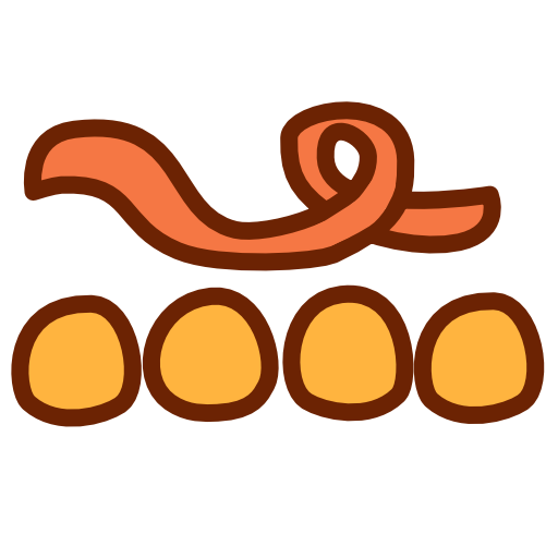 4 yellow circular blobs sit side by side making a horizontal line, above them is an orange curving line that forms a loop towards the end of itself. The image has dark line art.
